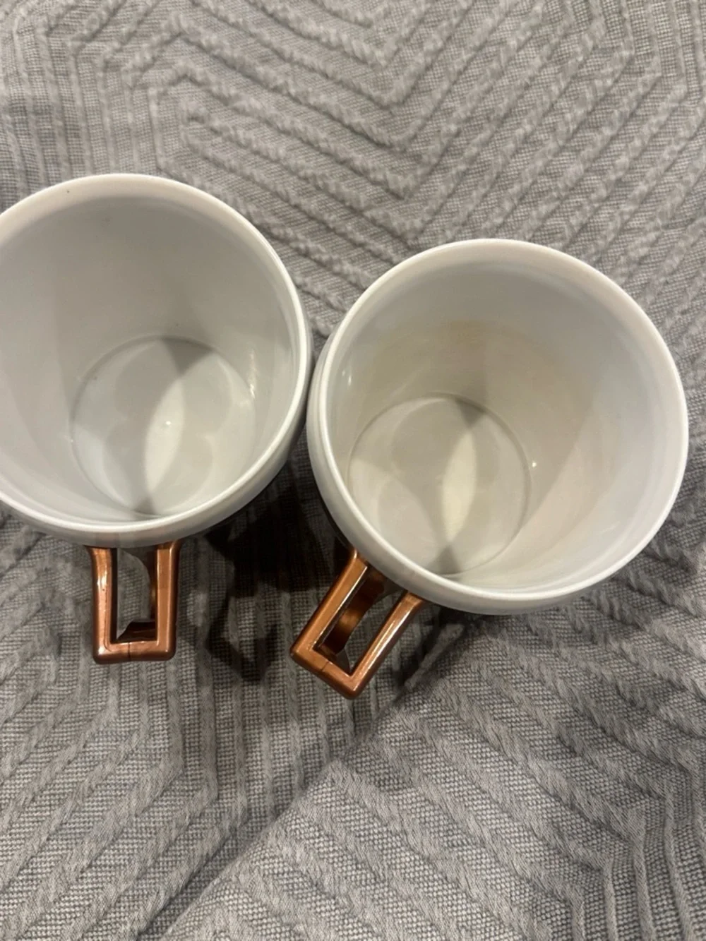 Set of 2 vintage Metallic Copper plastic Coffee Mugs with White Rim